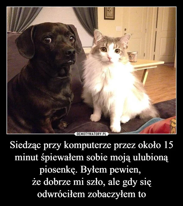
    Siedząc przy komputerze przez około 15 minut śpiewałem sobie moją ulubioną piosenkę. Byłem pewien, że dobrze mi szło, ale gdy się odwróciłem zobaczyłem to