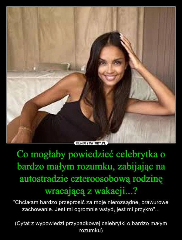 
    Co mogłaby powiedzieć celebrytka o bardzo małym rozumku, zabijając na autostradzie czteroosobową rodzinę wracającą z wakacji...?