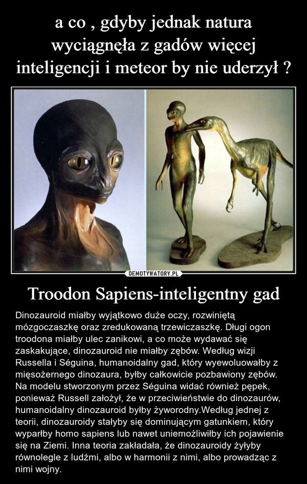 
    a co , gdyby jednak natura wyciągnęła z gadów więcej inteligencji i meteor by nie uderzył ? Troodon Sapiens-inteligentny gad