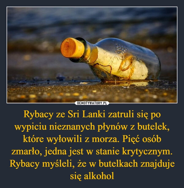 
    Rybacy ze Sri Lanki zatruli się po wypiciu nieznanych płynów z butelek, które wyłowili z morza. Pięć osób zmarło, jedna jest w stanie krytycznym. Rybacy myśleli, że w butelkach znajduje się alkohol