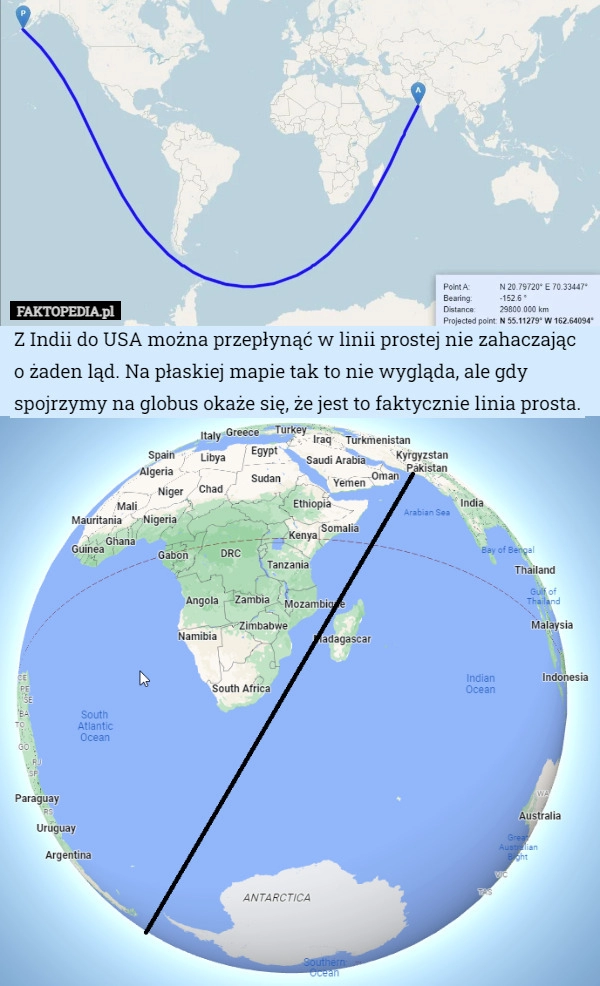 
    Z Indii do USA można przepłynąć w linii prostej nie zahaczając o żaden ląd.