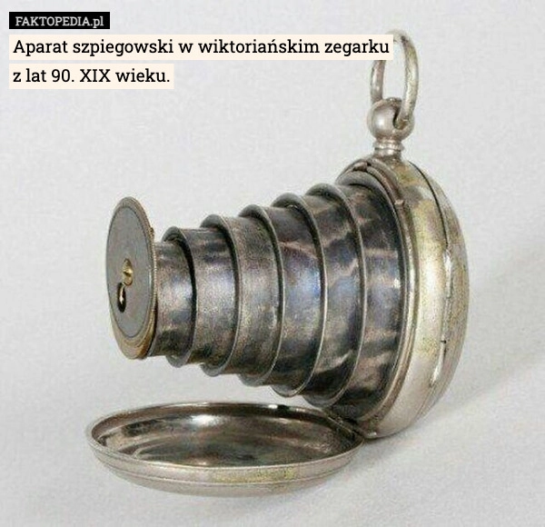 
    Aparat szpiegowski w wiktoriańskim zegarku z lat 90. XIX wieku.
