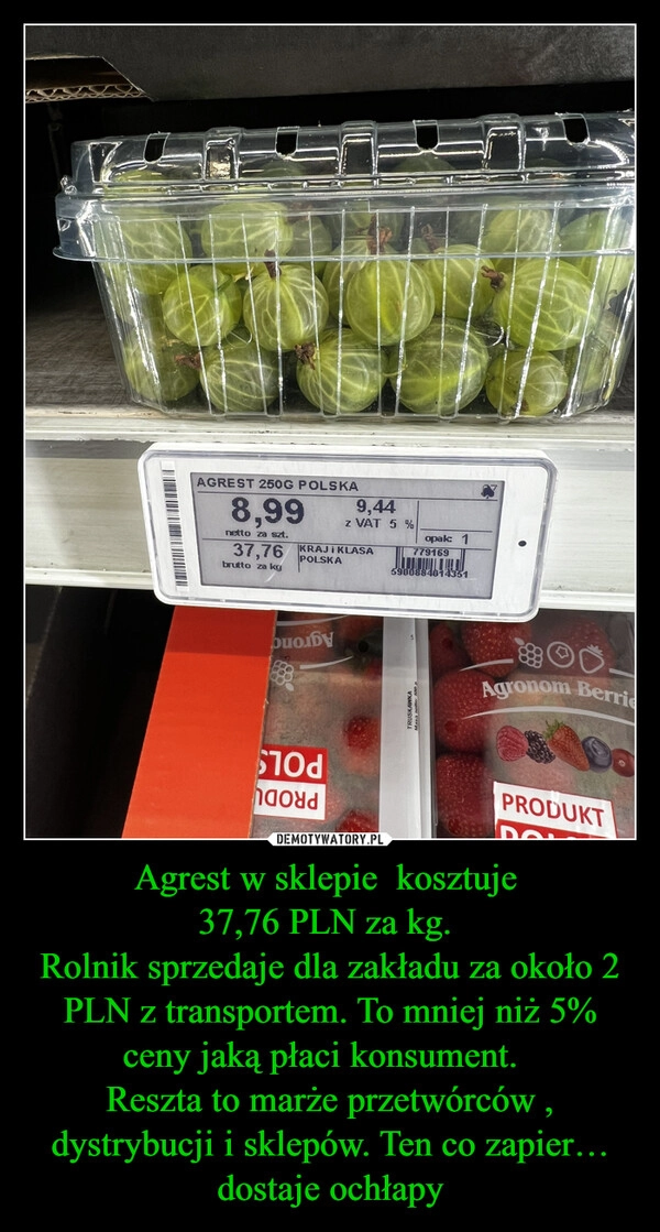 
    Agrest w sklepie  kosztuje 
37,76 PLN za kg. 
Rolnik sprzedaje dla zakładu za około 2 PLN z transportem. To mniej niż 5% ceny jaką płaci konsument.  
Reszta to marże przetwórców , dystrybucji i sklepów. Ten co zapier… dostaje ochłapy