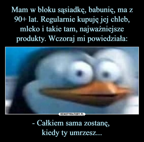 
    
Mam w bloku sąsiadkę, babunię, ma z 90+ lat. Regularnie kupuję jej chleb, mleko i takie tam, najważniejsze produkty. Wczoraj mi powiedziała: - Całkiem sama zostanę,
kiedy ty umrzesz... 