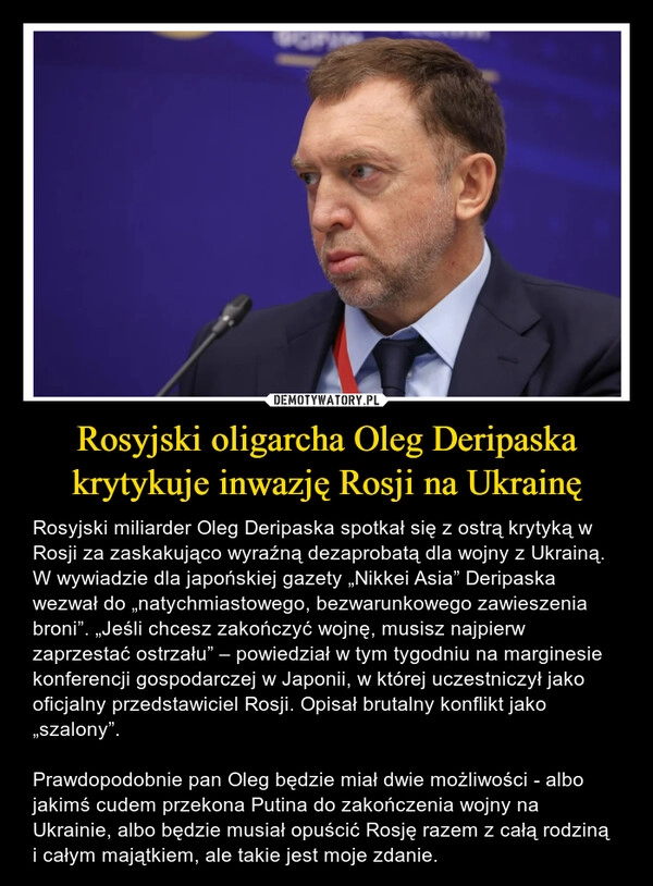 
    Rosyjski oligarcha Oleg Deripaska krytykuje inwazję Rosji na Ukrainę