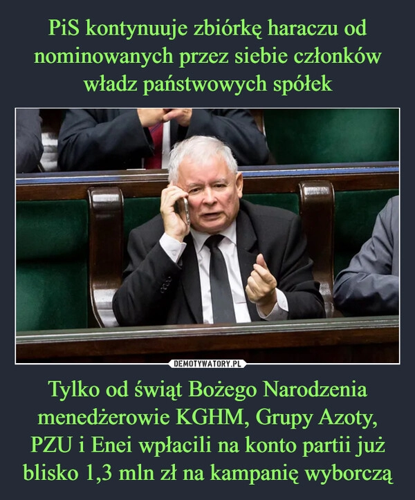 
    PiS kontynuuje zbiórkę haraczu od nominowanych przez siebie członków władz państwowych spółek Tylko od świąt Bożego Narodzenia menedżerowie KGHM, Grupy Azoty, PZU i Enei wpłacili na konto partii już blisko 1,3 mln zł na kampanię wyborczą 