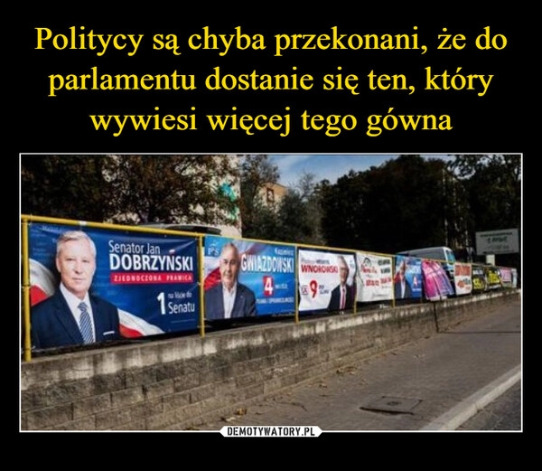 
    Politycy są chyba przekonani, że do parlamentu dostanie się ten, który wywiesi więcej tego gówna