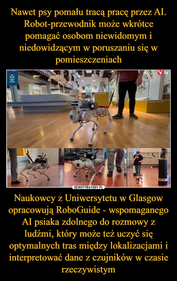 
    Nawet psy pomału tracą pracę przez AI. Robot-przewodnik może wkrótce pomagać osobom niewidomym i niedowidzącym w poruszaniu się w pomieszczeniach Naukowcy z Uniwersytetu w Glasgow opracowują RoboGuide - wspomaganego AI psiaka zdolnego do rozmowy z ludźmi, który może też uczyć się optymalnych tras między lokalizacjami i interpretować dane z czujników w czasie rzeczywistym