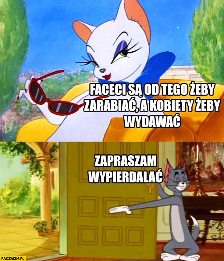
    Faceci są od tego żeby zarabiać a kobiety żeby wydawać, zapraszam wypierdzielać kot Tom pokazuje drzwi wyjście