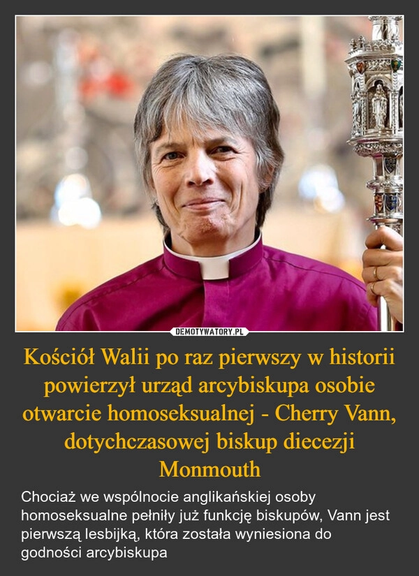 
    Kościół Walii po raz pierwszy w historii powierzył urząd arcybiskupa osobie otwarcie homoseksualnej - Cherry Vann, dotychczasowej biskup diecezji Monmouth