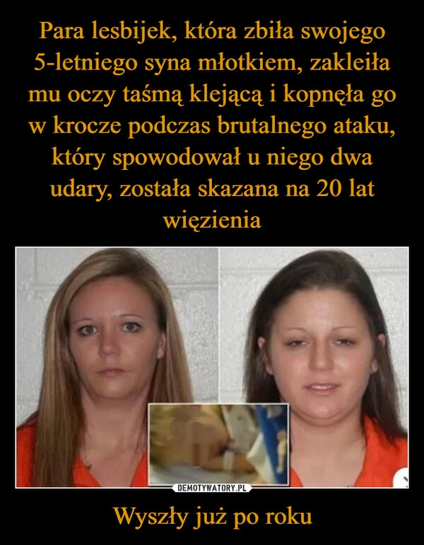 
    Para lesbijek, która zbiła swojego 5-letniego syna młotkiem, zakleiła mu oczy taśmą klejącą i kopnęła go w krocze podczas brutalnego ataku, który spowodował u niego dwa udary, została skazana na 20 lat więzienia Wyszły już po roku