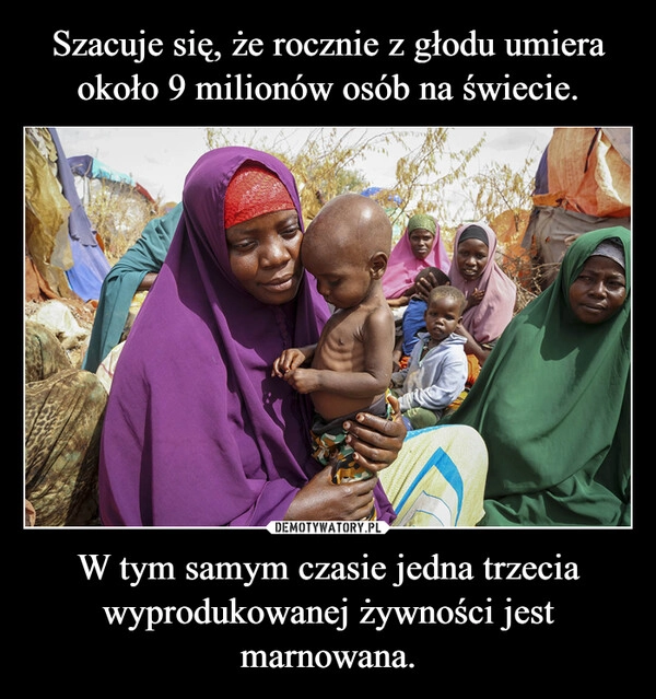 
    Szacuje się, że rocznie z głodu umiera około 9 milionów osób na świecie. W tym samym czasie jedna trzecia wyprodukowanej żywności jest marnowana.