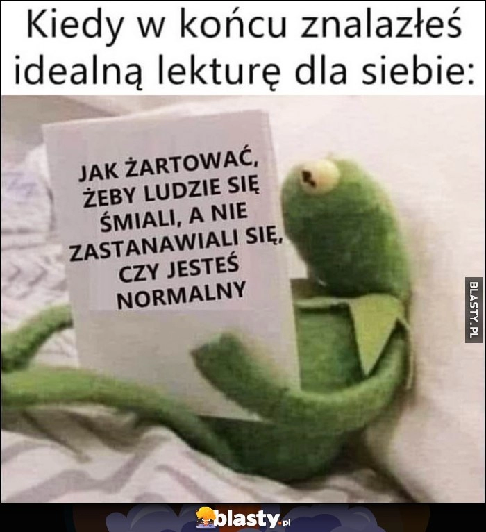 
    Kermit Kiedy w końcu znalazłeś idealną lekturą dla siebie: jak żartować, żeby lusie się śmiali, a nie zastanawiali się czy jesteś normalny