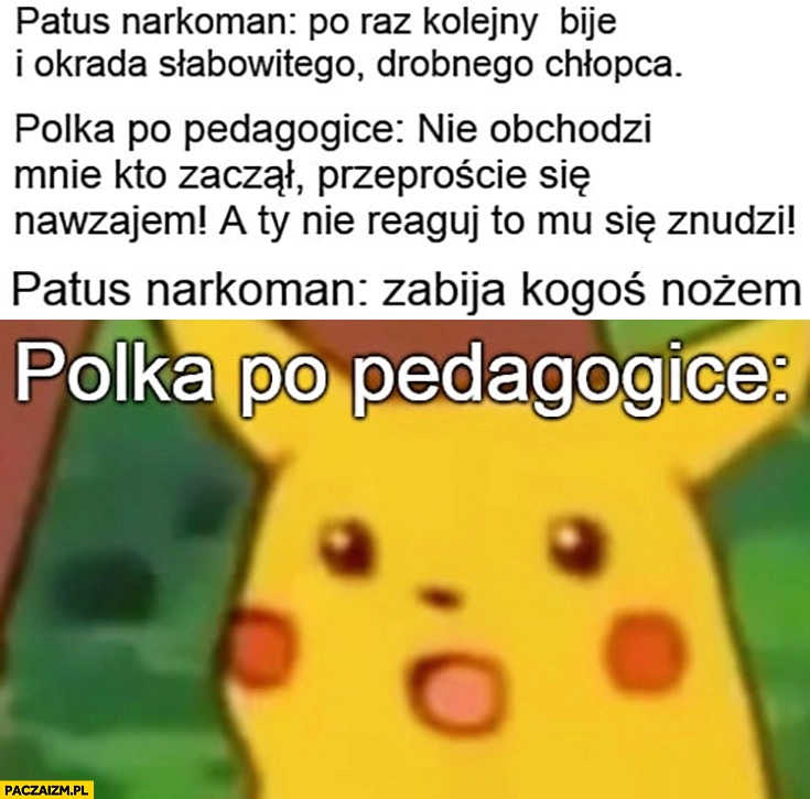 
    Polka po pedagogice zdziwiona jak patus narkoman zabija kogoś nożem Pikachu