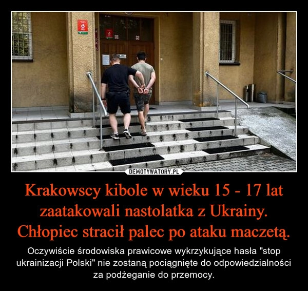 
    Krakowscy kibole w wieku 15 - 17 lat zaatakowali nastolatka z Ukrainy. Chłopiec stracił palec po ataku maczetą.