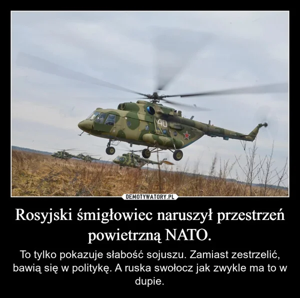 
    Rosyjski śmigłowiec naruszył przestrzeń powietrzną NATO.