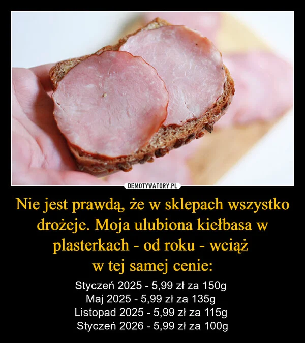 
    Nie jest prawdą, że w sklepach wszystko drożeje. Moja ulubiona kiełbasa w plasterkach - od roku - wciąż w tej samej cenie: