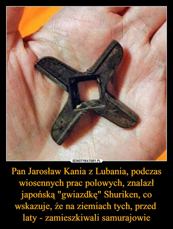 
    Pan Jarosław Kania z Lubania, podczas wiosennych prac polowych, znalazł japońską "gwiazdkę" Shuriken, co wskazuje, że na ziemiach tych, przed 
laty - zamieszkiwali samurajowie