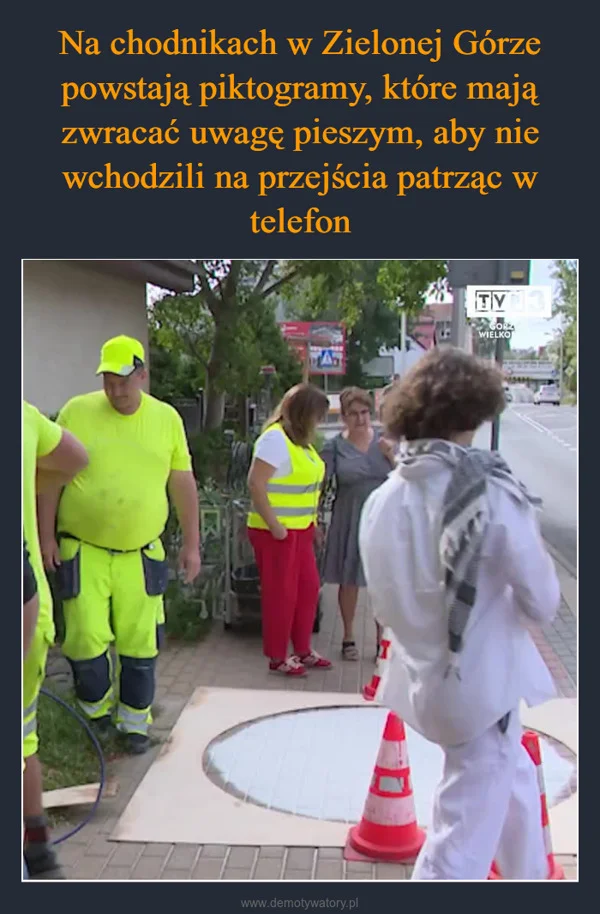 Na chodnikach w Zielonej Górze powstają piktogramy, które mają zwracać uwagę pieszym, aby nie wchodzili na przejścia patrząc w telefon