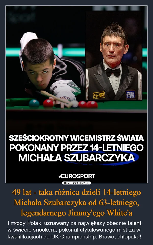 
    49 lat - taka różnica dzieli 14-letniego Michała Szubarczyka od 63-letniego, legendarnego Jimmy'ego White'a
