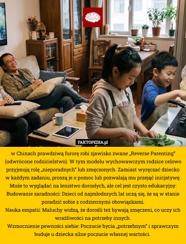 
     w Chinach prawdziwą furorę robi zjawisko zwane „Reverse Parenting” (odwrócone