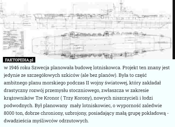 
    W 1946 roku Szwecja planowała budowę lotniskowca. Projekt ten znany jest