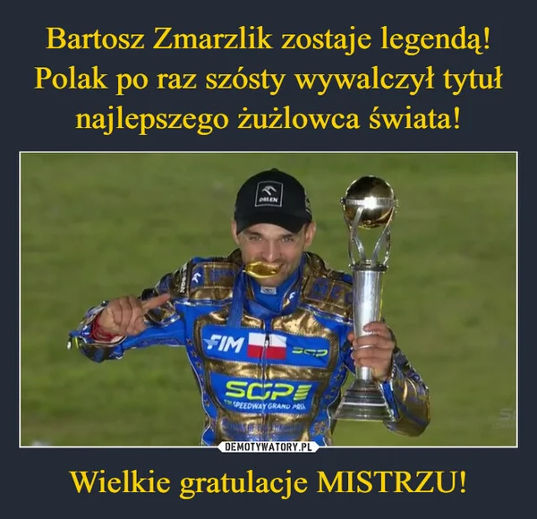 
    Bartosz Zmarzlik zostaje legendą! Polak po raz szósty wywalczył tytuł najlepszego żużlowca świata! Wielkie gratulacje MISTRZU!