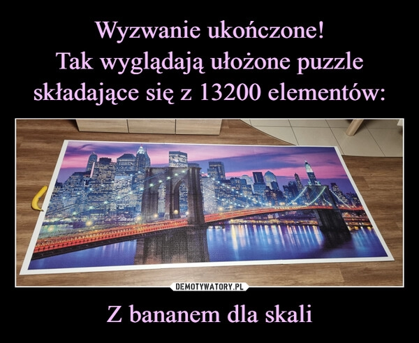 
    Wyzwanie ukończone!
Tak wyglądają ułożone puzzle
składające się z 13200 elementów: Z bananem dla skali 