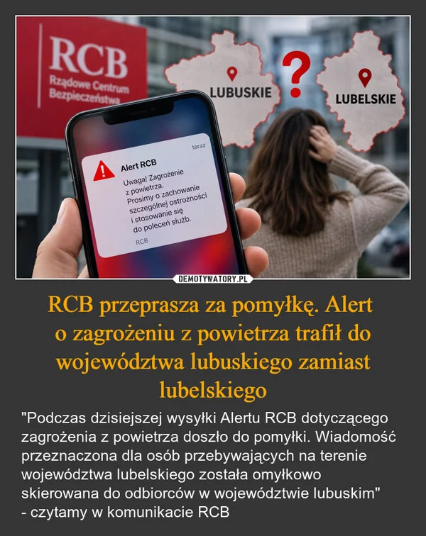 RCB przeprasza za pomyłkę. Alert o zagrożeniu z powietrza trafił do województwa lubuskiego zamiast lubelskiego
