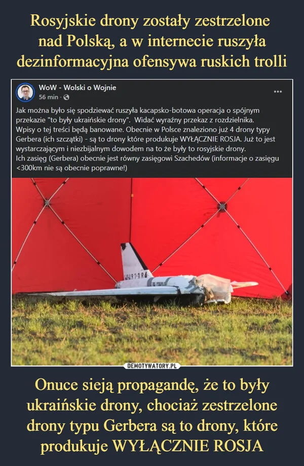
    Rosyjskie drony zostały zestrzelone nad Polską, a w internecie ruszyła dezinformacyjna ofensywa ruskich trolli Onuce sieją propagandę, że to były ukraińskie drony, chociaż zestrzelone drony typu Gerbera są to drony, które produkuje WYŁĄCZNIE ROSJA