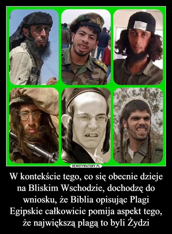 
    W kontekście tego, co się obecnie dzieje na Bliskim Wschodzie, dochodzę do wniosku, że Biblia opisując Plagi Egipskie całkowicie pomija aspekt tego, że największą plagą to byli Żydzi