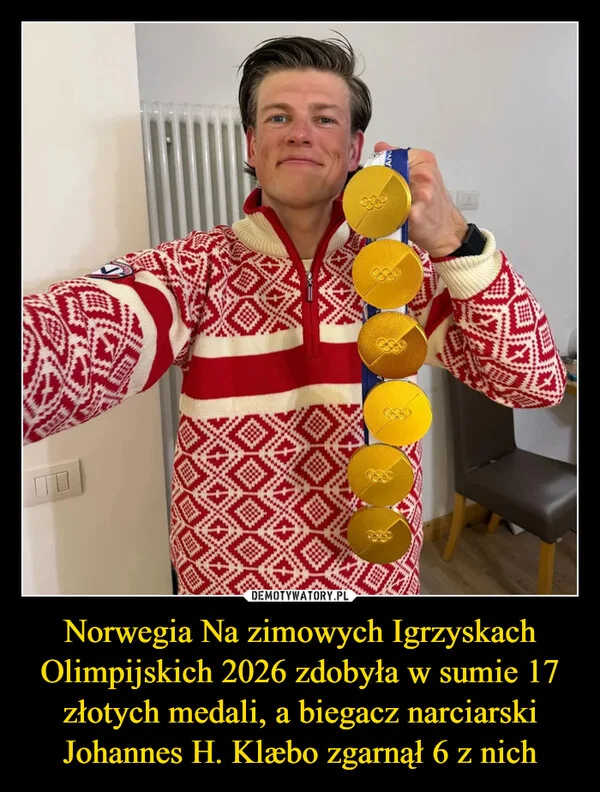 
    Norwegia Na zimowych Igrzyskach Olimpijskich 2026 zdobyła w sumie 17 złotych medali, a biegacz narciarski Johannes H. Klæbo zgarnął 6 z nich