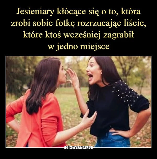 Jesieniary kłócące się o to, która zrobi sobie fotkę rozrzucając liście, które ktoś wcześniej zagrabił w jedno miejsce