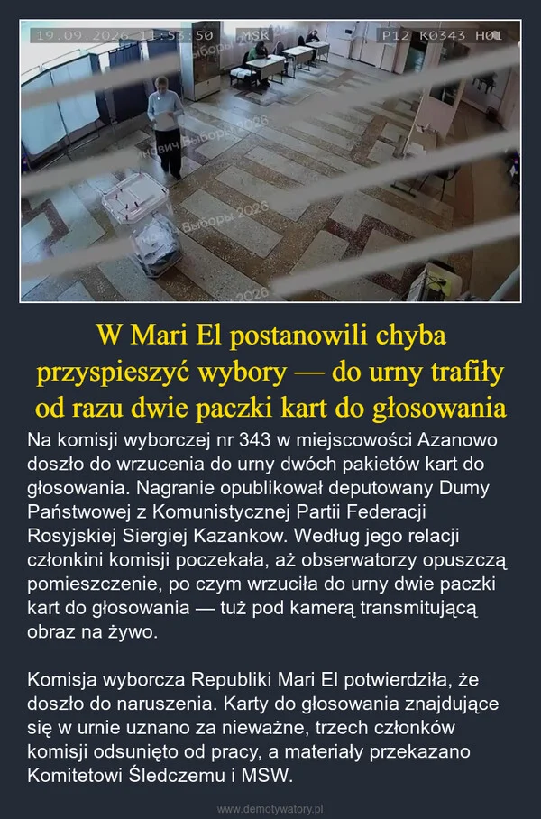 
    W Mari El postanowili chyba przyspieszyć wybory — do urny trafiły od razu dwie paczki kart do głosowania