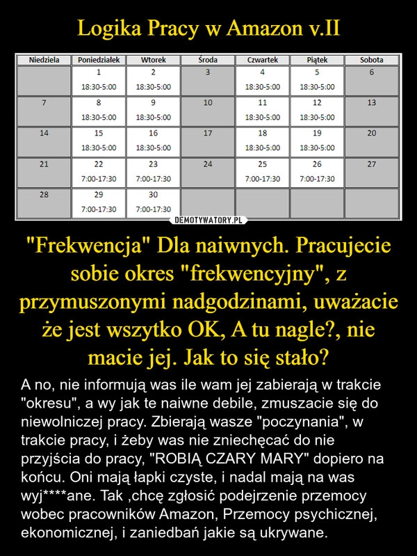 
    Logika Pracy w Amazon v.II "Frekwencja" Dla naiwnych. Pracujecie sobie okres "frekwencyjny", z przymuszonymi nadgodzinami, uważacie że jest wszytko OK, A tu nagle?, nie macie jej. Jak to się stało?