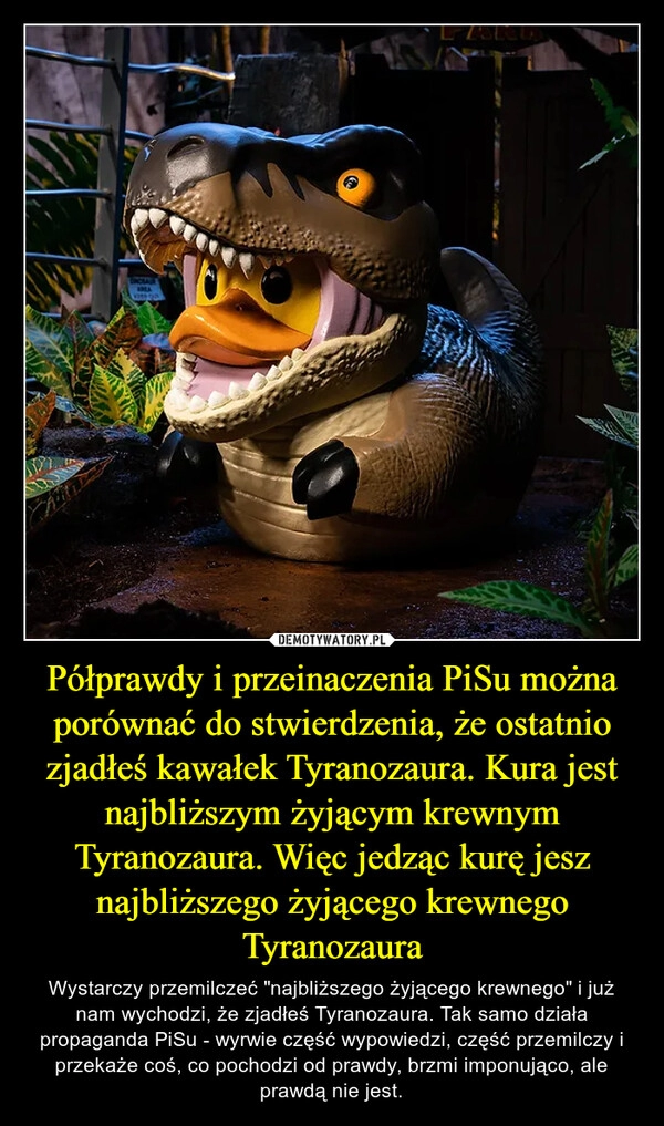 
    Półprawdy i przeinaczenia PiSu można porównać do stwierdzenia, że ostatnio zjadłeś kawałek Tyranozaura. Kura jest najbliższym żyjącym krewnym Tyranozaura. Więc jedząc kurę jesz najbliższego żyjącego krewnego Tyranozaura