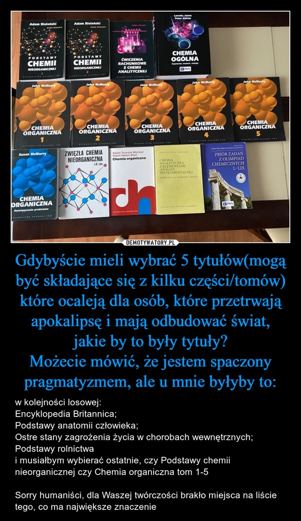 
    
Gdybyście mieli wybrać 5 tytułów(mogą być składające się z kilku części/tomów) które ocaleją dla osób, które przetrwają apokalipsę i mają odbudować świat, jakie by to były tytuły?
Możecie mówić, że jestem spaczony pragmatyzmem, ale u mnie byłyby to: 