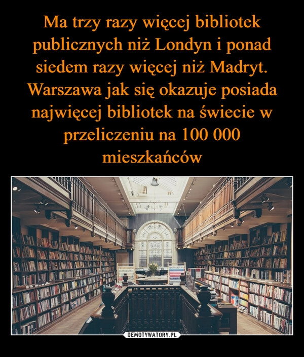 
    Ma trzy razy więcej bibliotek publicznych niż Londyn i ponad siedem razy więcej niż Madryt. Warszawa jak się okazuje posiada najwięcej bibliotek na świecie w przeliczeniu na 100 000 mieszkańców