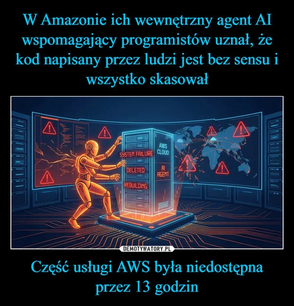 
    W Amazonie ich wewnętrzny agent AI wspomagający programistów uznał, że kod napisany przez ludzi jest bez sensu i wszystko skasował Część usługi AWS była niedostępna przez 13 godzin