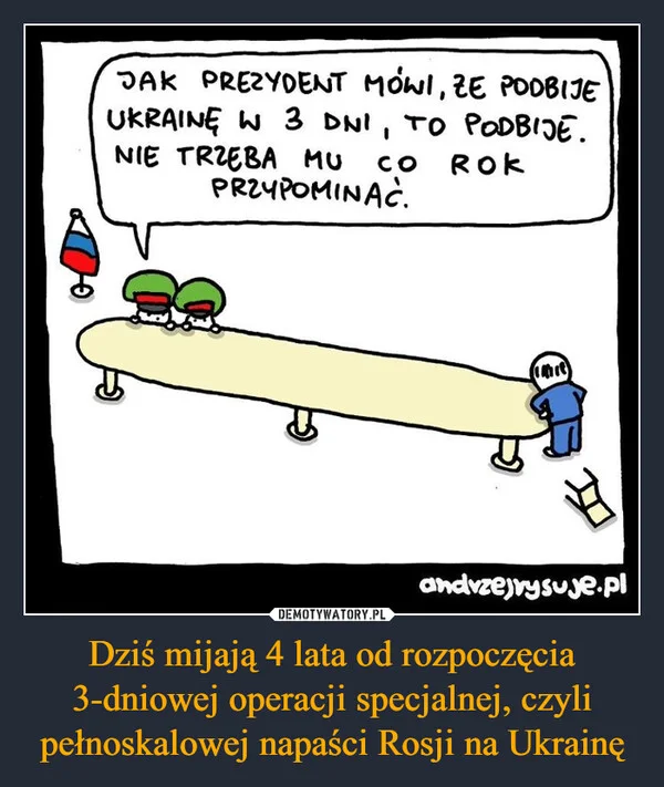 
    Dziś mijają 4 lata od rozpoczęcia 3-dniowej operacji specjalnej, czyli pełnoskalowej napaści Rosji na Ukrainę