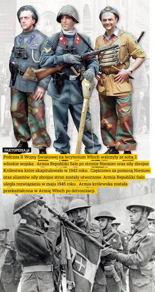 
    Podczas II Wojny Światowej na terytorium Włoch walczyły ze sobą 2 włoskie