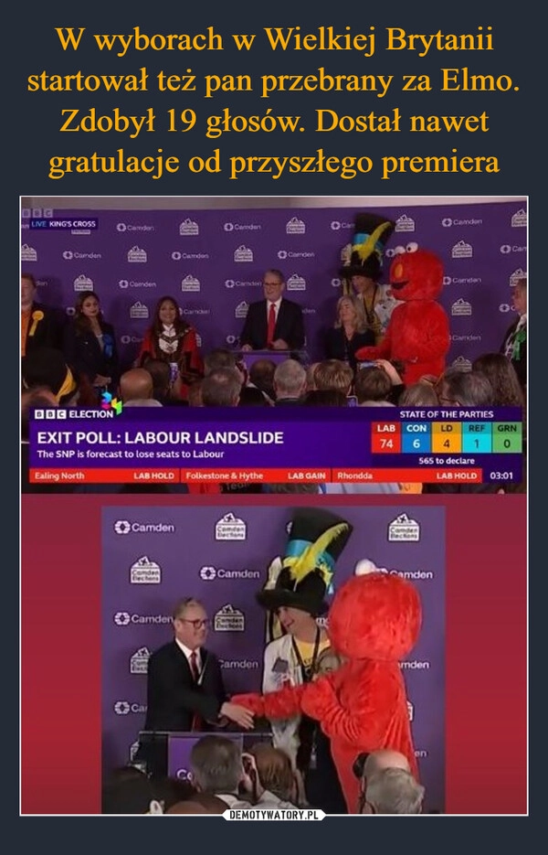 
    W wyborach w Wielkiej Brytanii startował też pan przebrany za Elmo. Zdobył 19 głosów. Dostał nawet gratulacje od przyszłego premiera