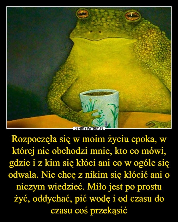 
    Rozpoczęła się w moim życiu epoka, w której nie obchodzi mnie, kto co mówi, gdzie i z kim się kłóci ani co w ogóle się odwala. Nie chcę z nikim się kłócić ani o niczym wiedzieć. Miło jest po prostu żyć, oddychać, pić wodę i od czasu do czasu coś przekąsić