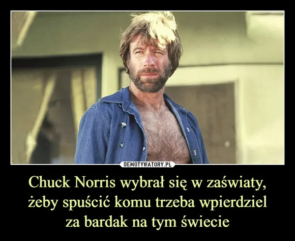 
    Chuck Norris wybrał się w zaświaty, żeby spuścić komu trzeba wpierdziel za bardak na tym świecie