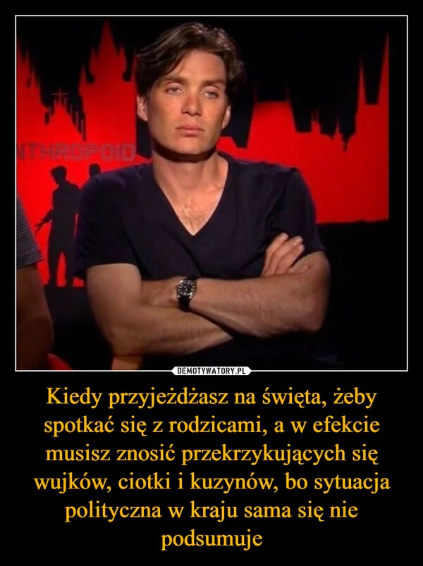 
    Kiedy przyjeżdżasz na święta, żeby spotkać się z rodzicami, a w efekcie musisz znosić przekrzykujących się wujków, ciotki i kuzynów, bo sytuacja polityczna w kraju sama się nie podsumuje