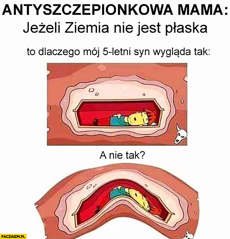 
    Antyszczepionkowa mama: jeżeli ziemia jest płaska to dlaczego mój 5 letni syn wygląda tak a nie tak?