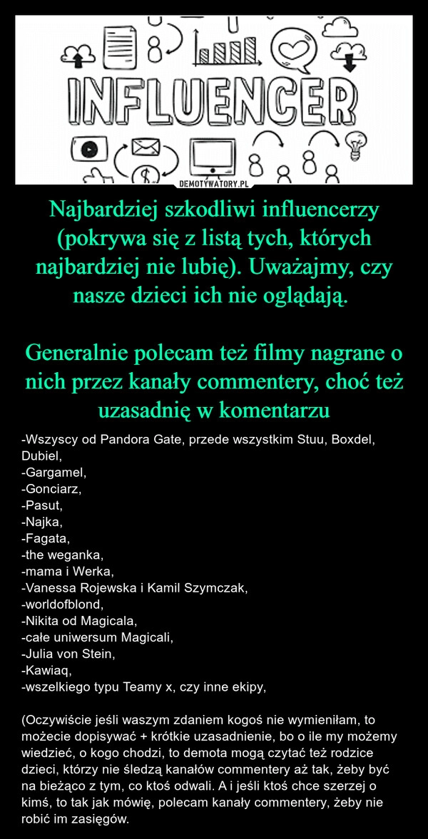 
    Najbardziej szkodliwi influencerzy (pokrywa się z listą tych, których najbardziej nie lubię). Uważajmy, czy nasze dzieci ich nie oglądają. 

Generalnie polecam też filmy nagrane o nich przez kanały commentery, choć też uzasadnię w komentarzu