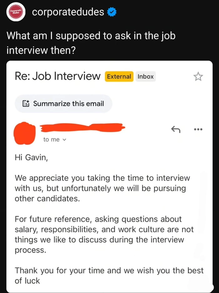 
    What exactly are we supposed to ask in a job interview if not about salary, responsibilities, or work culture? This email is a masterclass in corporate absurdity.