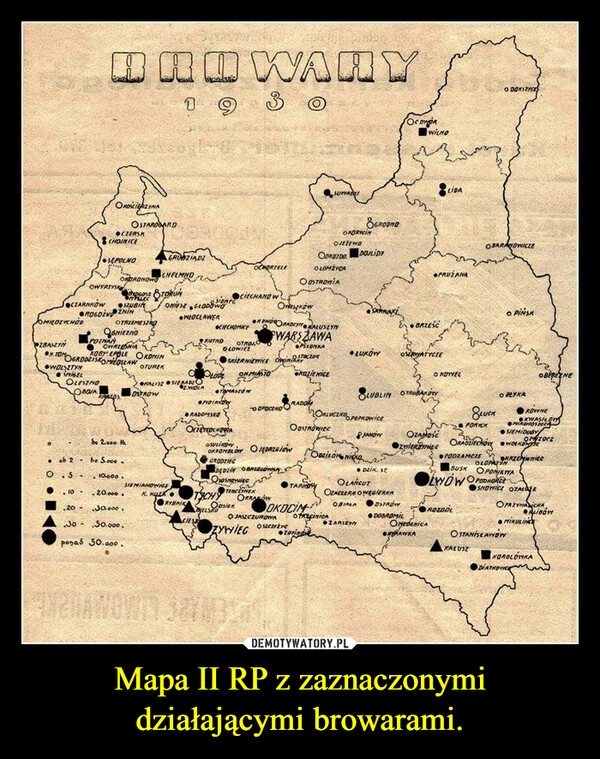 
    Mapa II RP z zaznaczonymi działającymi browarami.