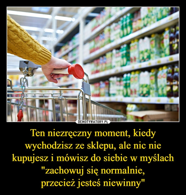 
    Ten niezręczny moment, kiedy wychodzisz ze sklepu, ale nic nie kupujesz i mówisz do siebie w myślach "zachowuj się normalnie,
przecież jesteś niewinny"